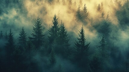 Wall Mural - Mystical Forest with Fog and Sunbeams