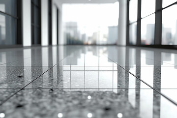 Poster - Shiny marble floor reflecting cityscape in modern office building