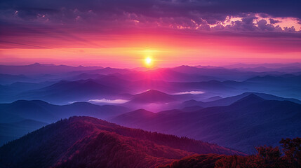 Wall Mural - A breathtaking sunrise over a mountain range, with the sky transitioning through a gradient of colors from deep purple to vibrant orange and soft pink