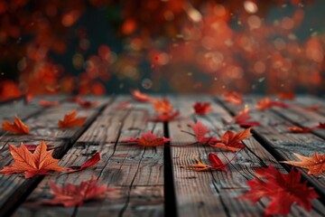 Poster - Autumn foliage spread out on a wooden table, great for seasonal or nature-themed projects