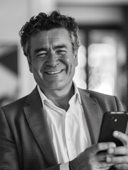 Wall Mural - A man in business casual holding a cell phone with a smile on his face, suggesting he is engaged in a positive interaction or conversation.