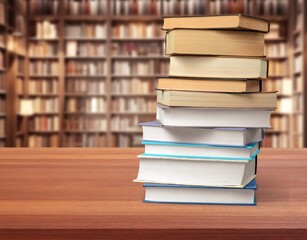 Wall Mural - stack of books in library on wooden table