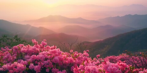 Poster - A beautiful scene of a pink flower field with mountains in the background, perfect for travel or nature-themed projects