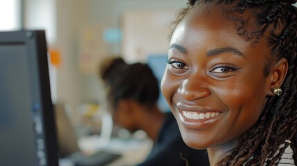 African American office worker smiling at camera with friendly expression.