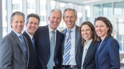 Wall Mural - Confident business team posing with it's leader at a corporate office.	
