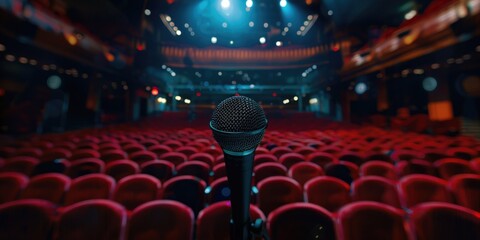 Empty theater with stage lights and microphone, awaiting performer.