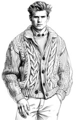 Poster - A man is wearing a sweater with a cable knit pattern. He is standing in front of a white background