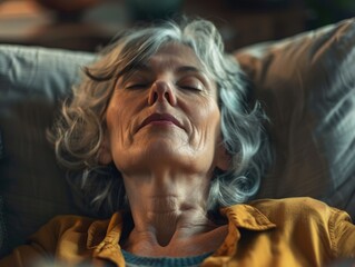 Wall Mural - A woman is sleeping on a couch. She is smiling and has her eyes closed. Concept of relaxation and contentment