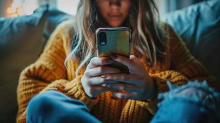 Wall Mural - A woman is sitting on a couch and looking at her cell phone. She is wearing a yellow sweater and has her hand on her phone