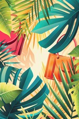 Sticker - A tropical scene with a pair of red purses hanging from the leaves. The purses are orange and yellow