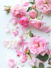 Wall Mural - A close up of pink flowers with some petals missing. The flowers are scattered across the image, with some in the foreground and others in the background. Scene is one of beauty and fragility