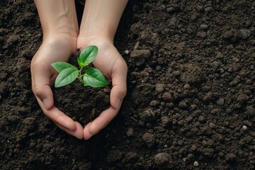 Wall Mural - A hand holding a plant in the dirt. The plant is small and green. The dirt is brown and the hand is holding the plant in a way that it looks like it is being planted