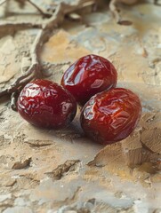 Sticker - Three dried fruit are sitting on a stone surface. The fruit are red and appear to be dried figs