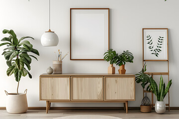 Wall Mural - interior with white plank flooring, a storage cabinet, an indoor plant, and decorations in a mid cen