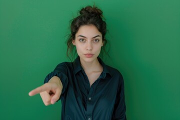 Wall Mural - A woman with a pointed finger is standing in front of a green wall. She is wearing a black shirt and has her hair in a bun. Concept of urgency or importance