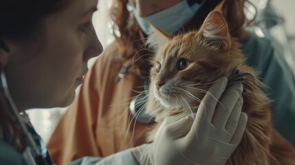 Wall Mural - A woman wearing a white lab coat and a mask is examining a cat. The cat is orange and has its eyes open