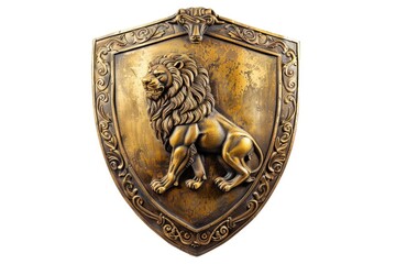 Poster - A majestic lion sits atop a shield on a clean white background