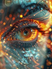 Wall Mural - A close up of a person's eye with a blurry background. The eye is surrounded by a glowing, colorful pattern that gives the impression of a digital or computer-generated image. Scene is one of wonder