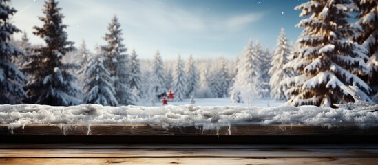 Poster - old wooden table covered in snow with snow fir trees in the background