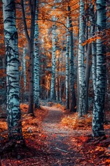 Poster - A scenic path winding through a forest covered in fallen leaves