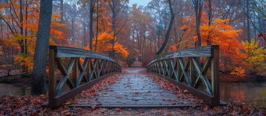 Wall Mural - Bright autumn trees with wooden bridge, walking path