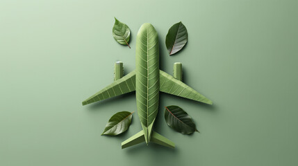 Canvas Print - Airplane made of green leaves on a green background, symbolizing eco-friendly aviation and sustainable travel.