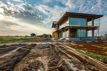 Poster - A house under construction with a blue sky background