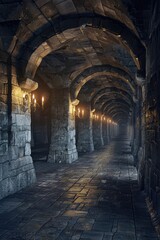 Poster - A dimly lit tunnel in a stone building with walls and ceiling made of stone