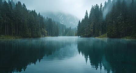 Sticker - a lake surrounded by trees and fog