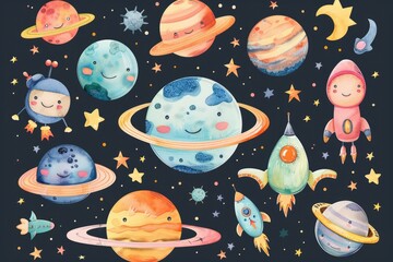 Wall Mural - Planetary system with colorful stars and planets in watercolor style