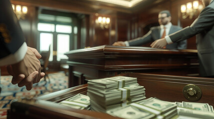 A meeting room with stacks of money on a table, two businessmen shaking hands in the background, symbolizing a financial agreement or deal.