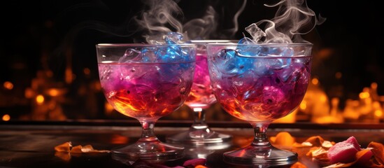 Poster - portrait of blue and purple smoky cocktail on dark background