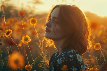 Canvas Print - A woman stands amidst a vibrant field of yellow flowers, possibly at a summer festival or celebration