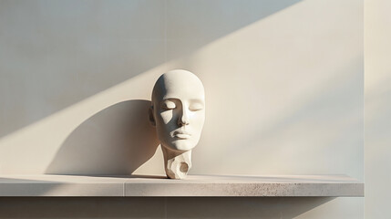 Wall Mural - Minimalist white head sculpture with closed eyes on a plain surface, casting soft shadows on a neutral wall background.