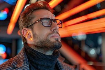 beautiful businessman wearing stylish eyeglasses and well-groomed beard suffering from neck ache is 