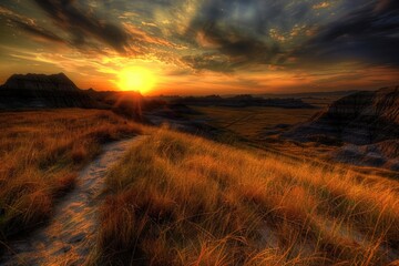 Poster - A serene landscape with the sun setting over a green grassy plain, suitable for use in environmental or travel-themed projects