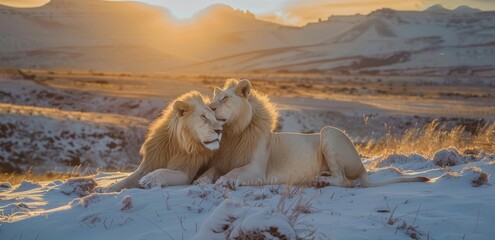 Two white lions in the snow during golden hour.