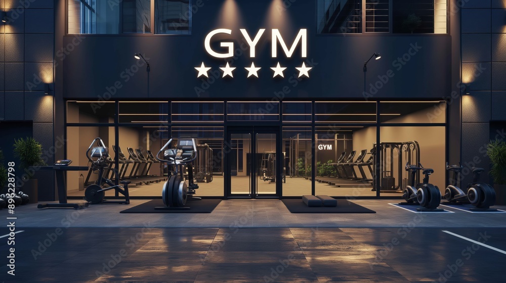 Modern gym exterior with five stars rating above entrance door and word ...
