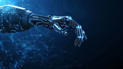 Poster - Detailed view of a robotic hand with glowing elements in a high-tech environment. Ideal for illustrating robotics, AI, and technology.