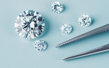 Close-up of three round diamonds and steel tweezers on a light blue background.