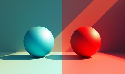 Two spherical objects in contrasting blue and red hues, casting distinct shadows.