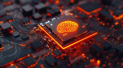 Poster - A close-up view of an AI chip glowing with a digital brain symbol, surrounded by other electronic components on a circuit board.