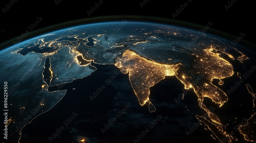 Satellite view of Earth at night displaying illuminated city lights in ...