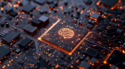 Poster - A close-up of a neural network chip with a glowing brain icon, representing advanced artificial intelligence technology.