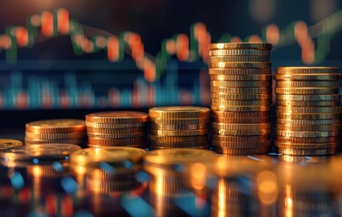 Poster - Stacks of coins symbolizing economic growth with a stock market graph in the background.