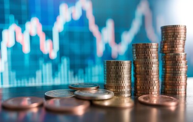 Poster - Stacks of rising coins in front of a fluctuating stock market graph.