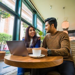 A stylish couple working on their laptops and enjoying premium coffee in a chic cafe.