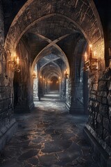 Poster - A dimly lit hallway in a medieval-style castle with stone walls