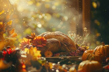 Poster - A turkey sits on a table amidst fall foliage, perfect for autumn-themed or holiday-related designs
