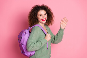 Wall Mural - Photo of cheerful glad lovely woman wear stylish khaki clothes showing palm arm solated on pink color background